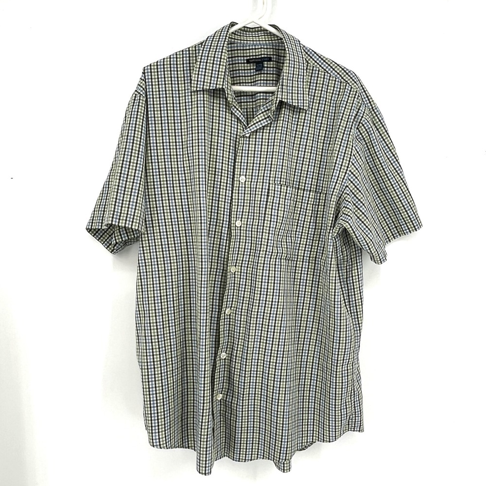 VAN HEUSEN STUDIO Men's Blue Green Check Short‎ Sleeve Button Down Shirt XL T